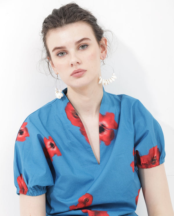 Rareism Women'S Archies Blue Cotton Fabric Short Sleeves V-Neck Floral Print Regular Fit Top