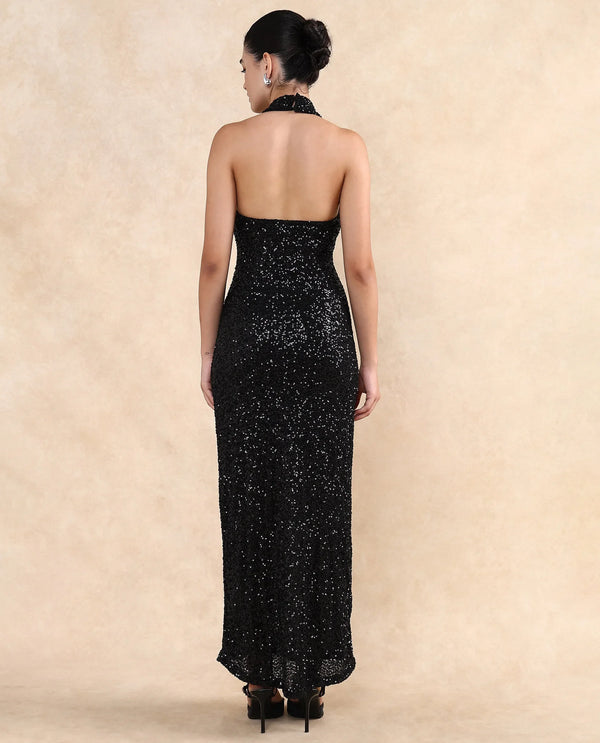Rareism Women Ardhan Metallic Black Polyester Fabric Sleeveless Halter Neck Button Closure Fitted Maxi Plain Dress