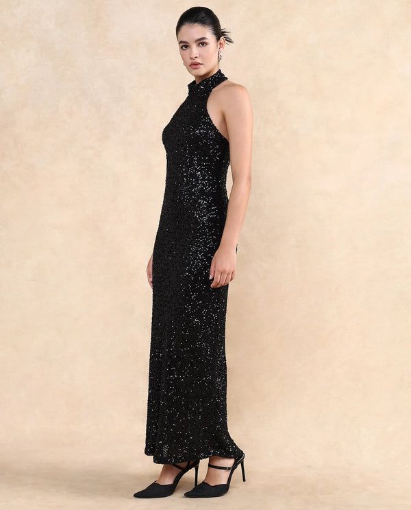Rareism Women Ardhan Metallic Black Polyester Fabric Sleeveless Halter Neck Button Closure Fitted Maxi Plain Dress