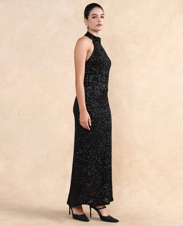 Rareism Women Ardhan Metallic Black Polyester Fabric Sleeveless Halter Neck Button Closure Fitted Maxi Plain Dress