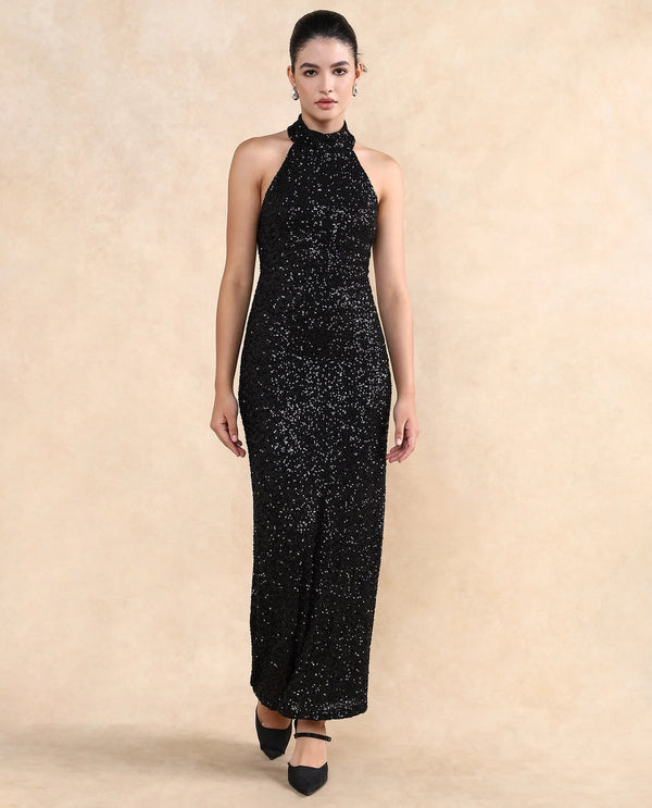 Rareism Women Ardhan Metallic Black Polyester Fabric Sleeveless Halter Neck Button Closure Fitted Maxi Plain Dress