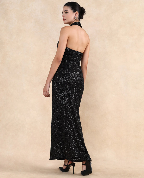 Rareism Women Ardhan Metallic Black Polyester Fabric Sleeveless Halter Neck Button Closure Fitted Maxi Plain Dress