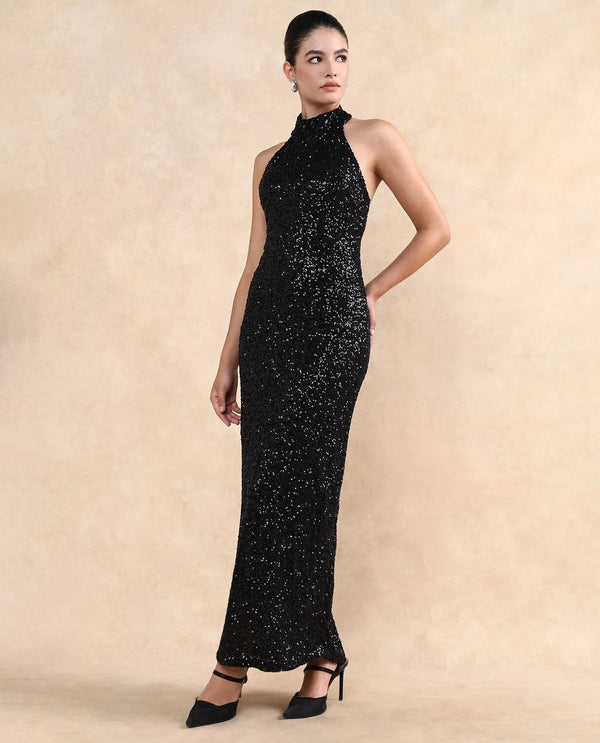 Rareism Women Ardhan Metallic Black Polyester Fabric Sleeveless Halter Neck Button Closure Fitted Maxi Plain Dress