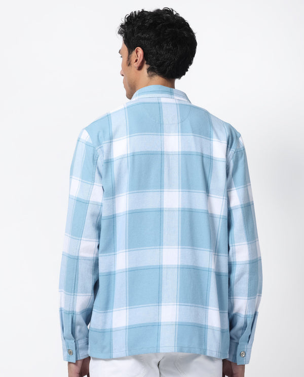 Rare Rabbit Men's Areo Pastel Blue Cotton Fabric Full Sleeves Button Closure Twill Checks Shacket