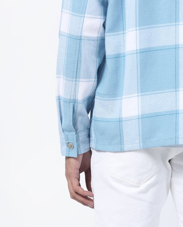 Rare Rabbit Men's Areo Pastel Blue Cotton Fabric Full Sleeves Button Closure Twill Checks Shacket
