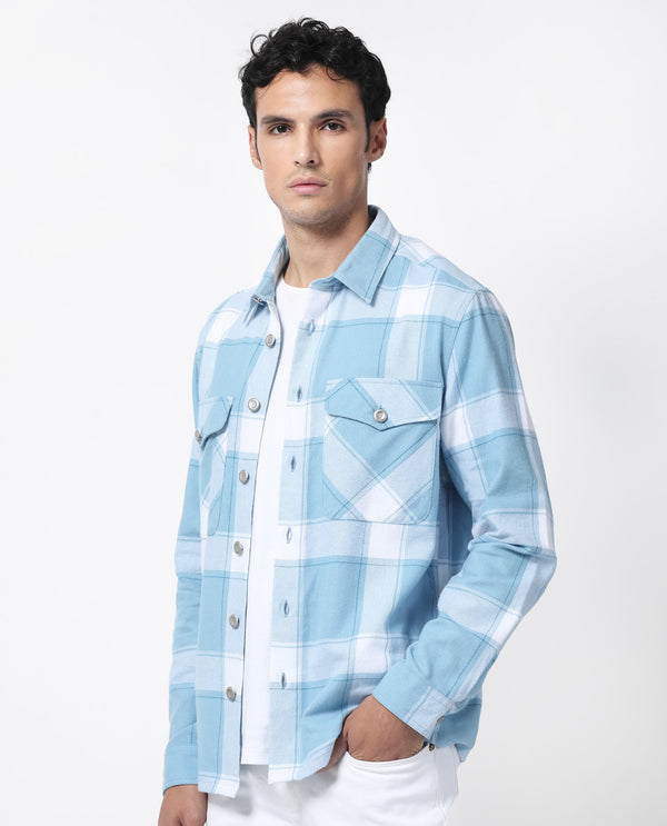 Rare Rabbit Men's Areo Pastel Blue Cotton Fabric Full Sleeves Button Closure Twill Checks Shacket