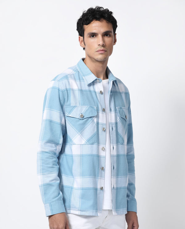 Rare Rabbit Men's Areo Pastel Blue Cotton Fabric Full Sleeves Button Closure Twill Checks Shacket