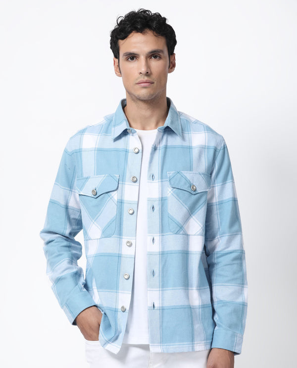 Rare Rabbit Men's Areo Pastel Blue Cotton Fabric Full Sleeves Button Closure Twill Checks Shacket