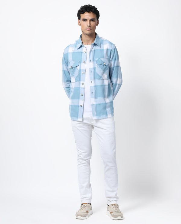 Rare Rabbit Men's Areo Pastel Blue Cotton Fabric Full Sleeves Button Closure Twill Checks Shacket