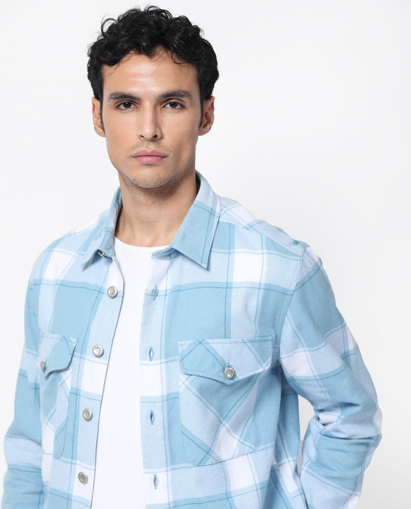 Rare Rabbit Men's Areo Pastel Blue Cotton Fabric Full Sleeves Button Closure Twill Checks Shacket