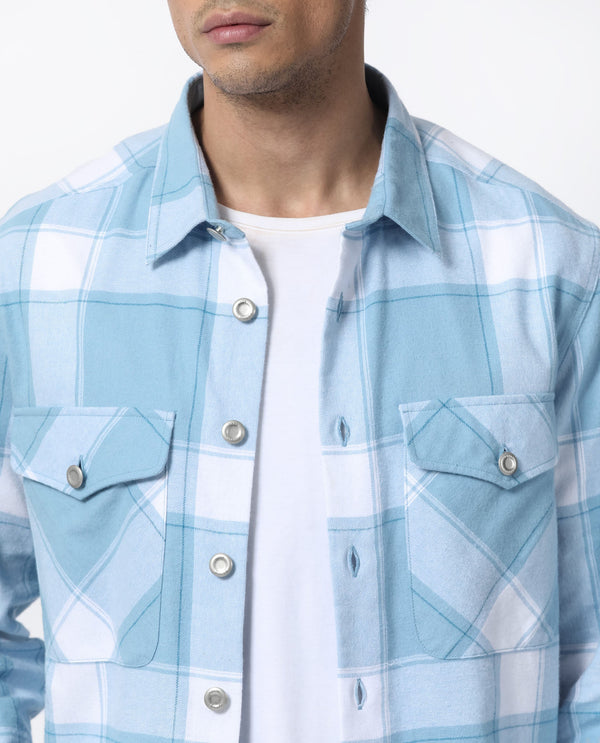 Rare Rabbit Men's Areo Pastel Blue Cotton Fabric Full Sleeves Button Closure Twill Checks Shacket