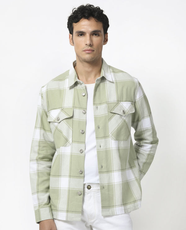 Rare Rabbit Men's Areo Pastel Green Cotton Fabric Full Sleeves Button Closure Twill Checks Shacket