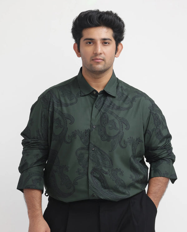 Rare Rabbit Men's Ares Green Viscose Fabric Paisley Print Full Sleeves Shirt Plus Size