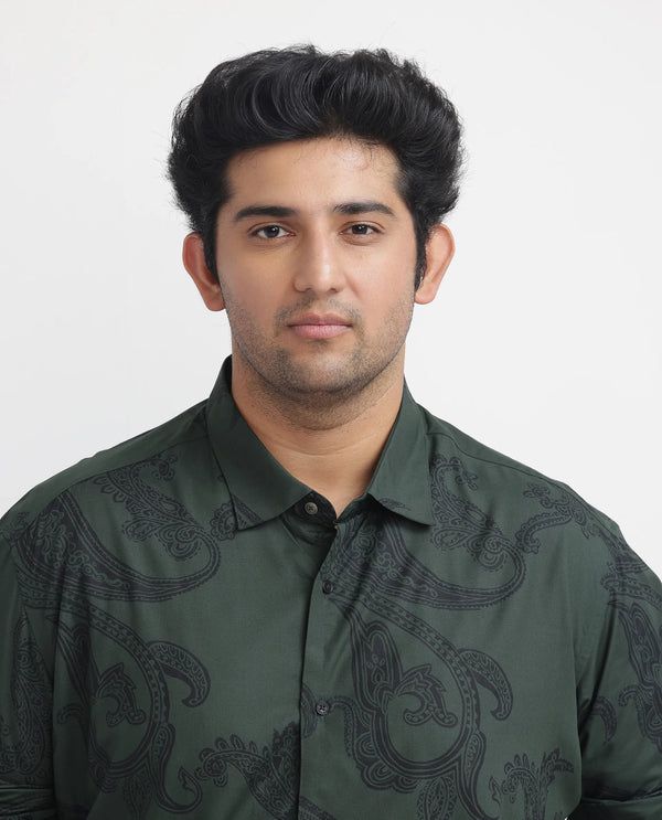 Rare Rabbit Men's Ares Green Viscose Fabric Paisley Print Full Sleeves Shirt Plus Size