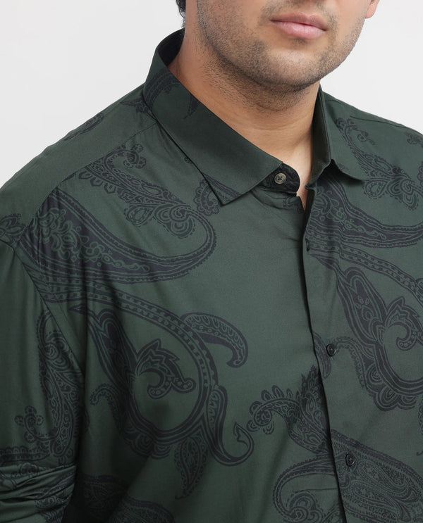 Rare Rabbit Men's Ares Green Viscose Fabric Paisley Print Full Sleeves Shirt Plus Size