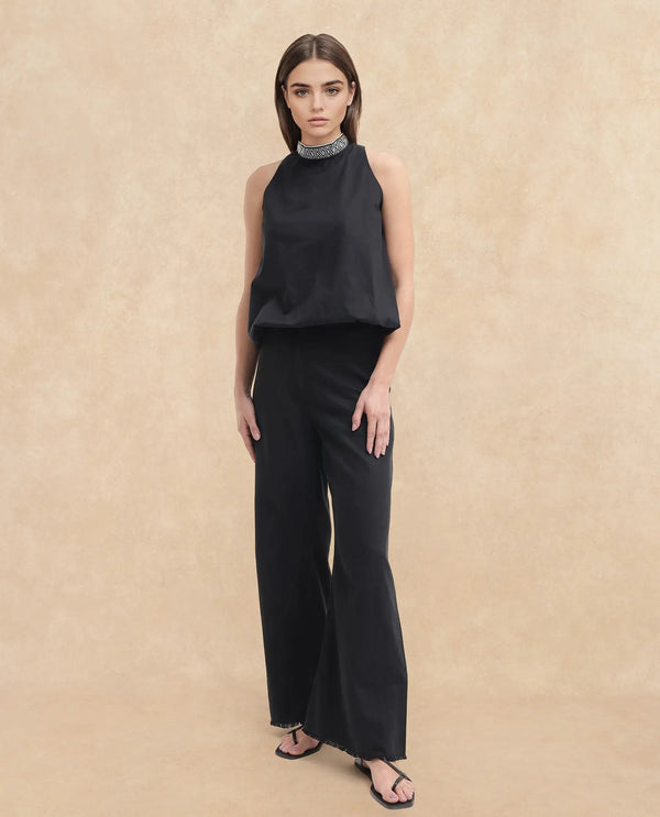 Rareism Women Arezzo-T Black Button Closure Sleeveless Mandarin Collar Balloon Fit Plain Top