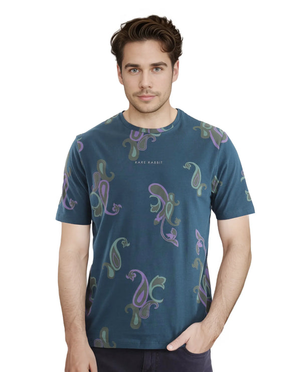 Rare Rabbit Men's Argus-1 Petrol Cotton Lycra Fabric Short Sleeve Crew Neck Graphic Print T-Shirt