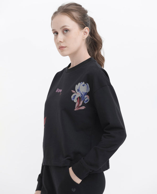 Rareism Articale Women Argyle Black Poly Cotton Fabric Full Sleeves Crew Neck Regular Fit Graphic Print Sweatshirt
