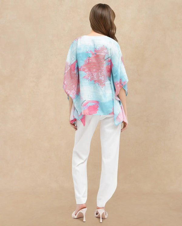 Rareism Women Arial -SCLight Blue Linen Abstract Print V-Neck Top