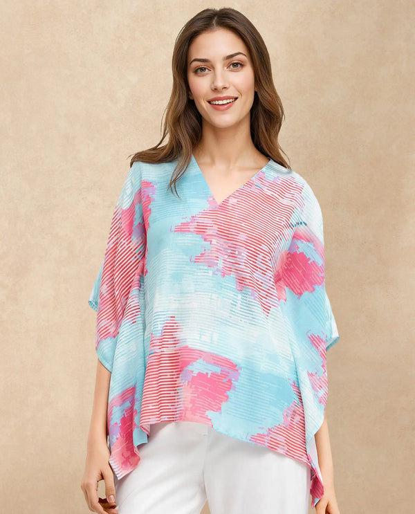 Rareism Women Arial -SCLight Blue Linen Abstract Print V-Neck Top