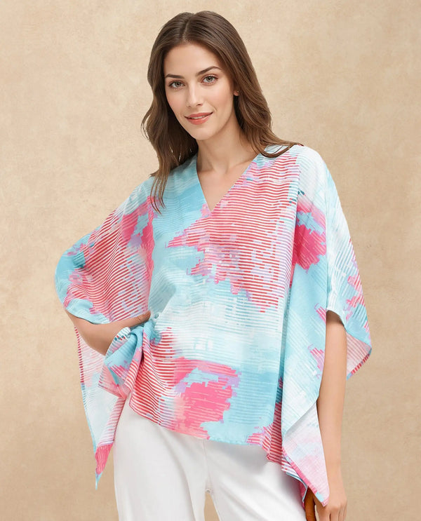 Rareism Women Arial -SCLight Blue Linen Abstract Print V-Neck Top