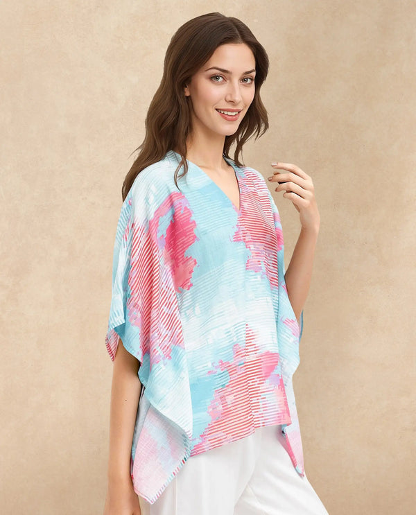Rareism Women Arial -SCLight Blue Linen Abstract Print V-Neck Top