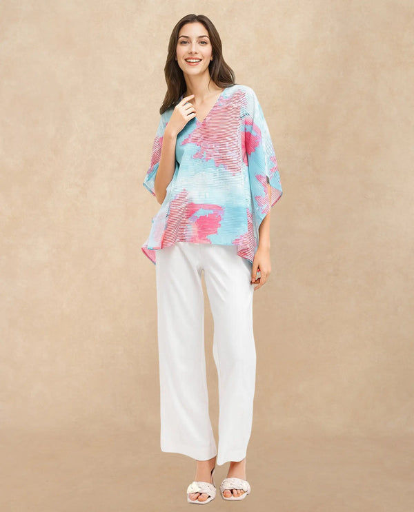 Rareism Women Arial -SCLight Blue Linen Abstract Print V-Neck Top