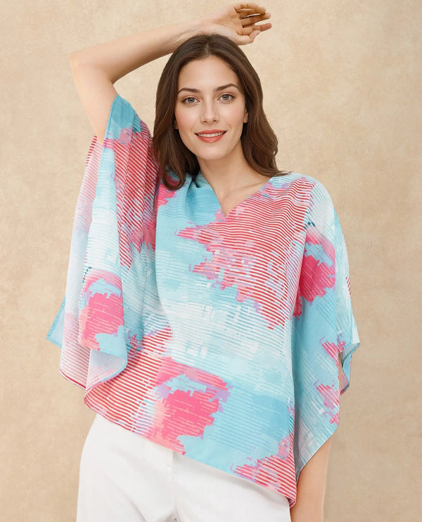 Rareism Women Arial -SCLight Blue Linen Abstract Print V-Neck Top