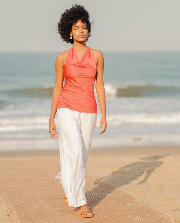 Rareism Women Arid White Cotton Linen Fabric Regular Length Trouser