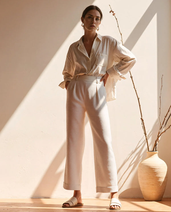 Rareism Women Arid White Cotton Linen Fabric Regular Length Trouser