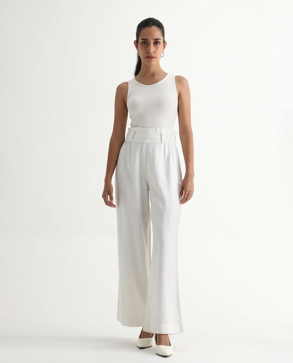 Rareism Women Arid White Cotton Linen Fabric Regular Length Trouser