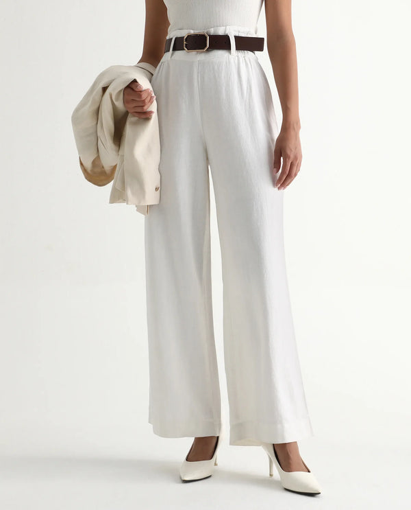Rareism Women Arid White Cotton Linen Fabric Regular Length Trouser