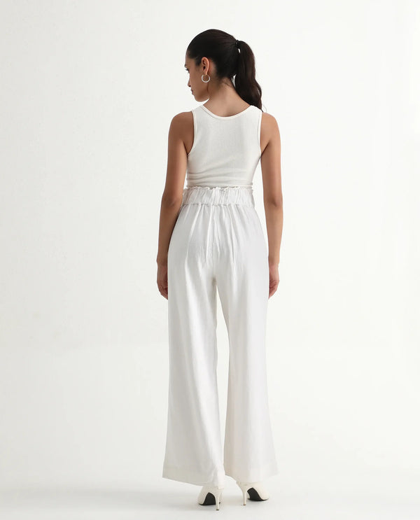 Rareism Women Arid White Cotton Linen Fabric Regular Length Trouser