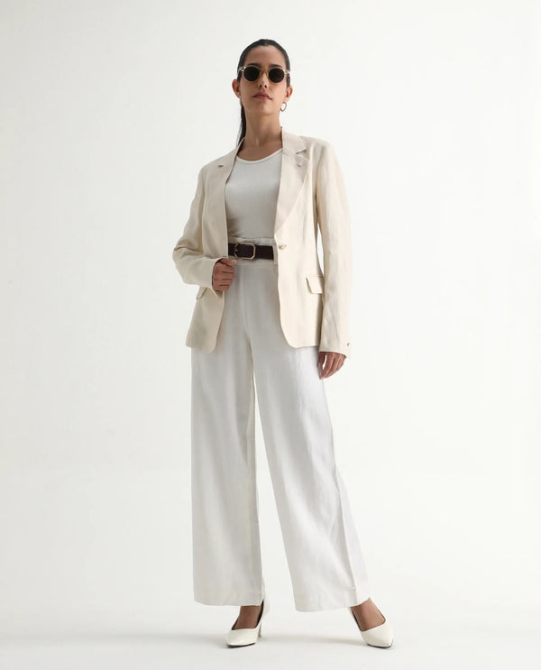 Rareism Women Arid White Cotton Linen Fabric Regular Length Trouser