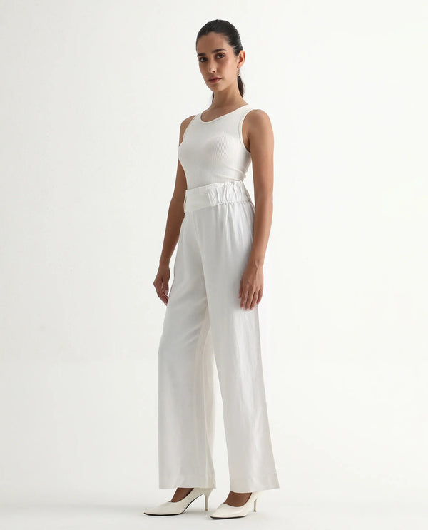 Rareism Women Arid White Cotton Linen Fabric Regular Length Trouser