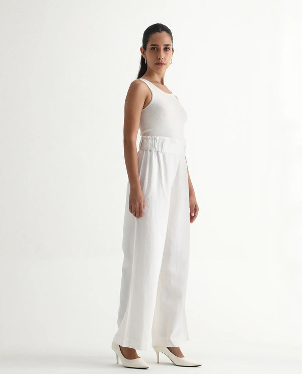 Rareism Women Arid White Cotton Linen Fabric Regular Length Trouser