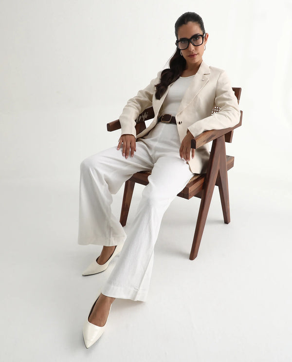 Rareism Women Arid White Cotton Linen Fabric Regular Length Trouser