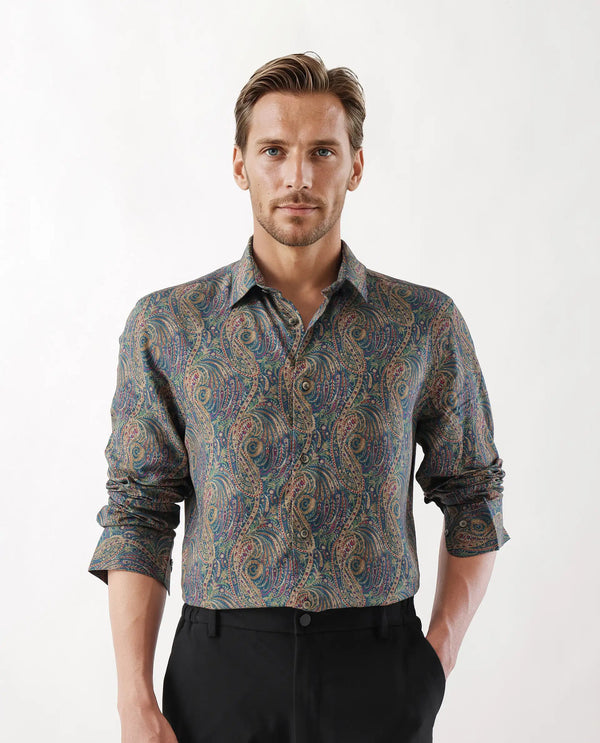 Rare Rabbit Men's Arieal Blue Viscose Nylon Fabric Full Sleeve Spread Collar Button Closure Regular Fit Plain Shirt