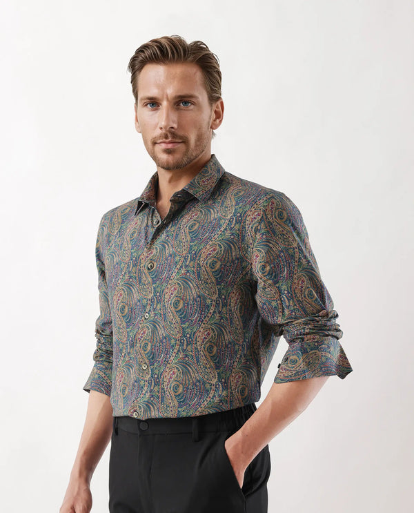 Rare Rabbit Men's Arieal Blue Viscose Nylon Fabric Full Sleeve Spread Collar Button Closure Regular Fit Plain Shirt