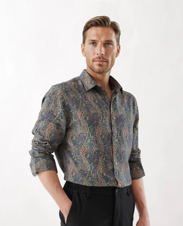 Rare Rabbit Men's Arieal Blue Viscose Nylon Fabric Full Sleeve Spread Collar Button Closure Regular Fit Plain Shirt