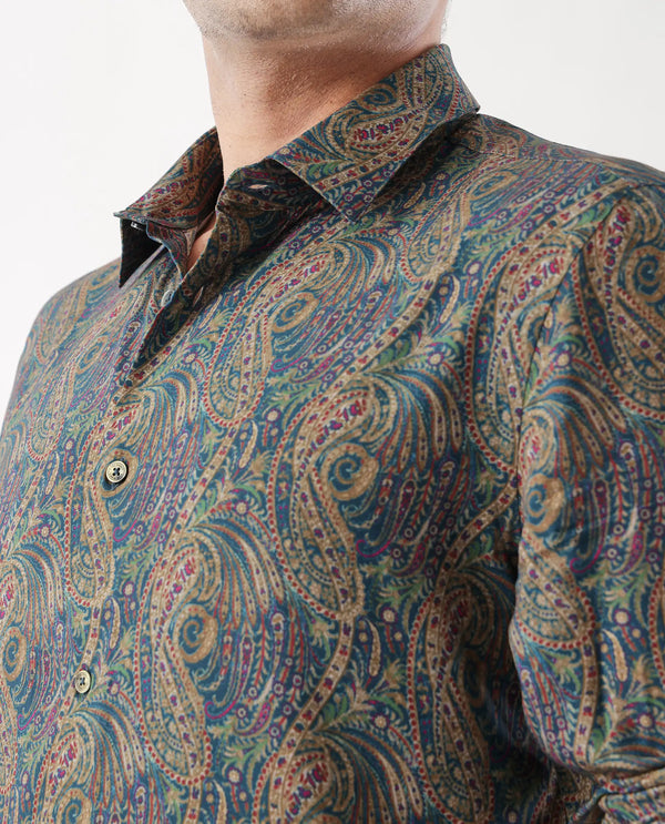 Rare Rabbit Men's Arieal Blue Viscose Nylon Fabric Full Sleeve Spread Collar Button Closure Regular Fit Plain Shirt