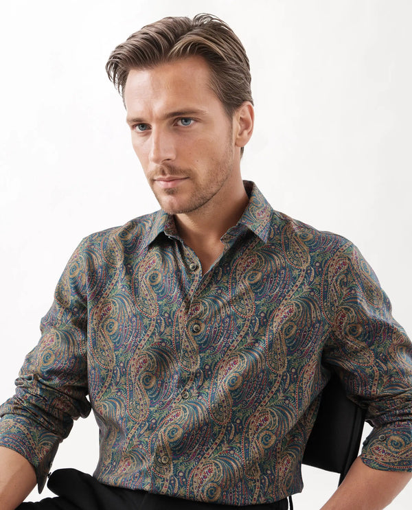 Rare Rabbit Men's Arieal Blue Viscose Nylon Fabric Full Sleeve Spread Collar Button Closure Regular Fit Plain Shirt