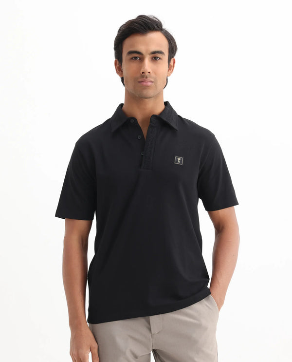 Rare Rabbit Men's Ariolo Black Cotton Blend Fabric Half Sleeve Spread Collar Regular Fit Plain Polo