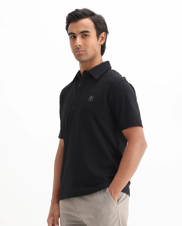 Rare Rabbit Men's Ariolo Black Cotton Blend Fabric Half Sleeve Spread Collar Regular Fit Plain Polo
