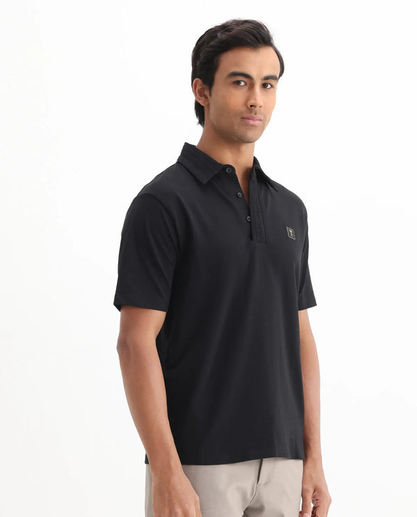 Rare Rabbit Men's Ariolo Black Cotton Blend Fabric Half Sleeve Spread Collar Regular Fit Plain Polo