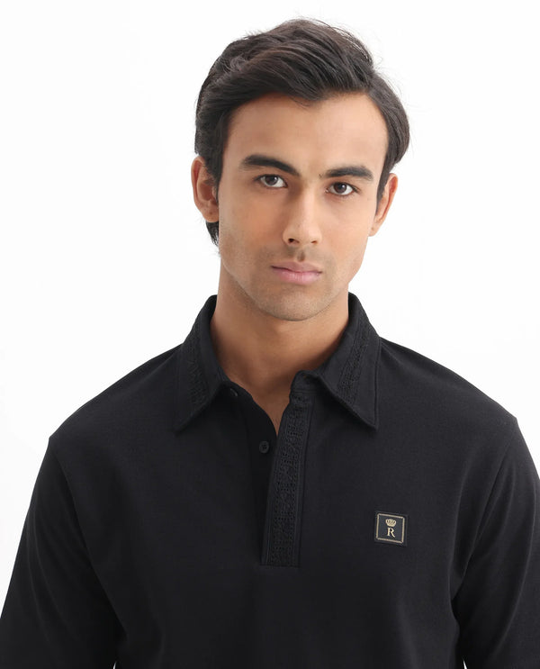 Rare Rabbit Men's Ariolo Black Cotton Blend Fabric Half Sleeve Spread Collar Regular Fit Plain Polo