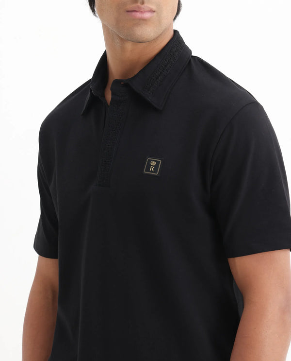Rare Rabbit Men's Ariolo Black Cotton Blend Fabric Half Sleeve Spread Collar Regular Fit Plain Polo