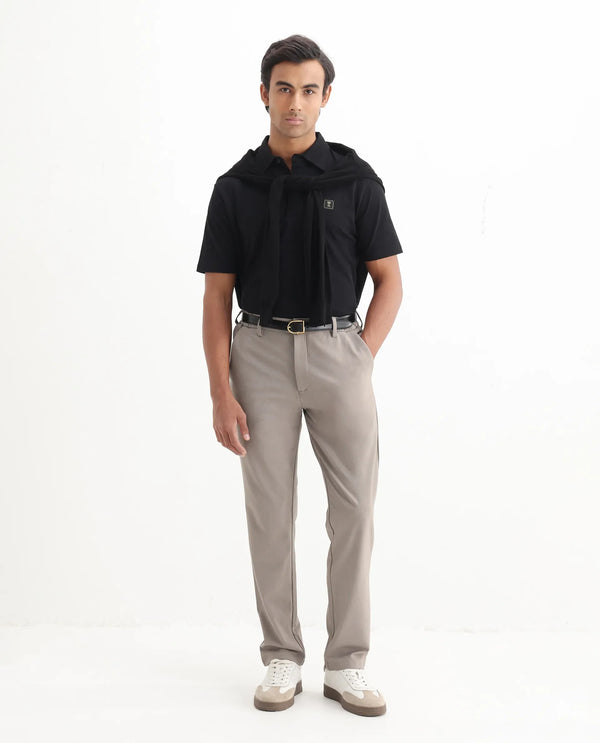Rare Rabbit Men's Ariolo Black Cotton Blend Fabric Half Sleeve Spread Collar Regular Fit Plain Polo