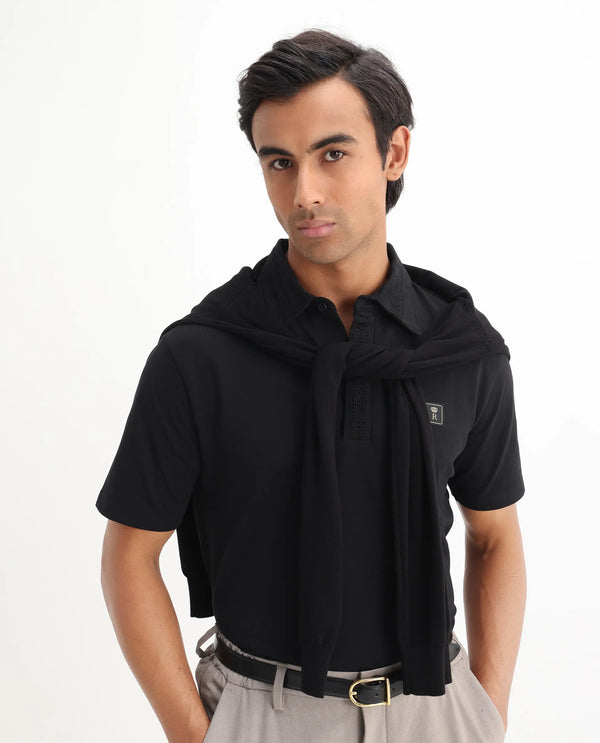 Rare Rabbit Men's Ariolo Black Cotton Blend Fabric Half Sleeve Spread Collar Regular Fit Plain Polo