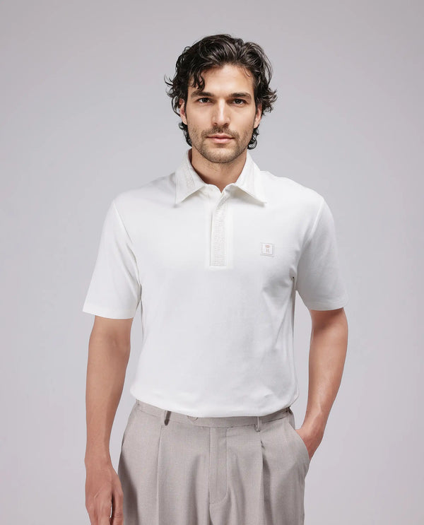 Rare Rabbit Men's Ariolo White Cotton Blend Fabric Half Sleeve Spread Collar Regular Fit Plain Polo